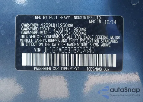 2015 Subaru Impreza 2.0I Premium из США, поврежденный, VIN JF1GPAC63F8202640